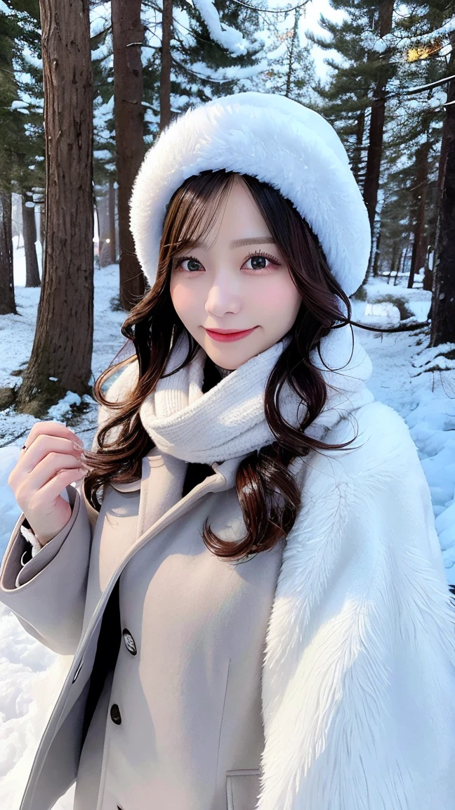 A striking woman in a fashionable winter coat and scarf, walking through a snowy forest. Snowflakes gently fall around her, adding to the magical, wintry scene.