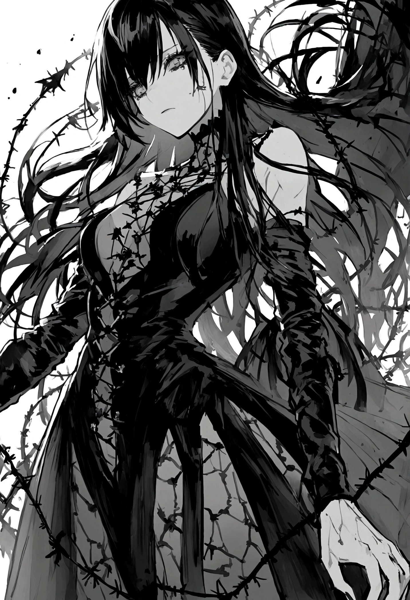 garota and roupas cybersigilism gotica, and (Barbed wire through the body) cabelo preto and pontas branca，1 girl，Black Tears，Black and white