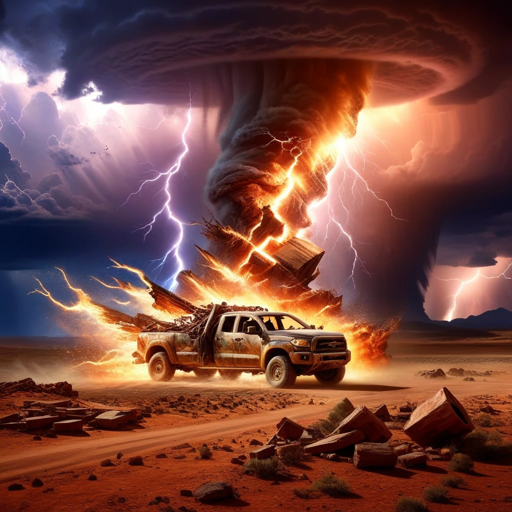 O prompt para o tema fornecido: "lightning fire tornadoes ravage a desolate world, a testimony of your last breath" pode ser gerado da seguinte forma:

"lightning fire tornadoes, arid apocalyptic landscape, caos destrutivo, remains of civilization, burning ruins, brasas brilhantes, Inferno rodopiante, nuvens escuras sinistras, desolation and despair, Cidades abandonadas, Ruined buildings, Ventos violentos, thunder beating, terrifying spectacle, last breaths of life, devastation and ruin, Amazing consequences, Atmosfera surreal, post-apocalyptic nightmare, cores vivas e intensas, chamas bruxuleantes, mesmerizing destruction, Atmospheric Lighting, epic catastrophe, A ira da natureza, mundo morrendo, realidade distorcida, whirlwind of destruction, paisagem retorcida e contorcida, fierce and uncontrollable forces, cena inspiradora e arrepiante, horizonte sombrio e sombrio, poderosa onda de energia, cataclysmic display, desperate struggle for survival, final chapter unfolding, beleza assombrosa em meio ao caos, remnants of hope in the darkness, strange and unearthly feeling, cataclysmic event on the verge of extinction, imagens surreais e assustadoras, simbolismo poderoso."

Lembre-se de organizar as tags das mais importantes para as menos importantes.