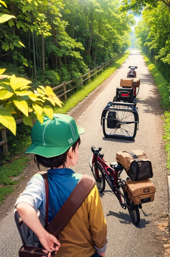 PARADERO DE CARRO Y DE BICICLETA EN UNA CARRETERA DE LA SELVA, IMAGEN HORIZONTAL