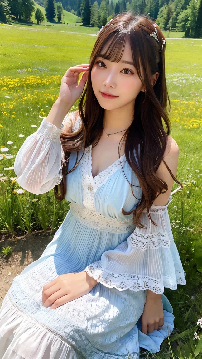 A mesmerizing woman in a flowing, bohemian dress, sitting in a meadow filled with wildflowers. She has a peaceful expression, surrounded by nature's beauty.