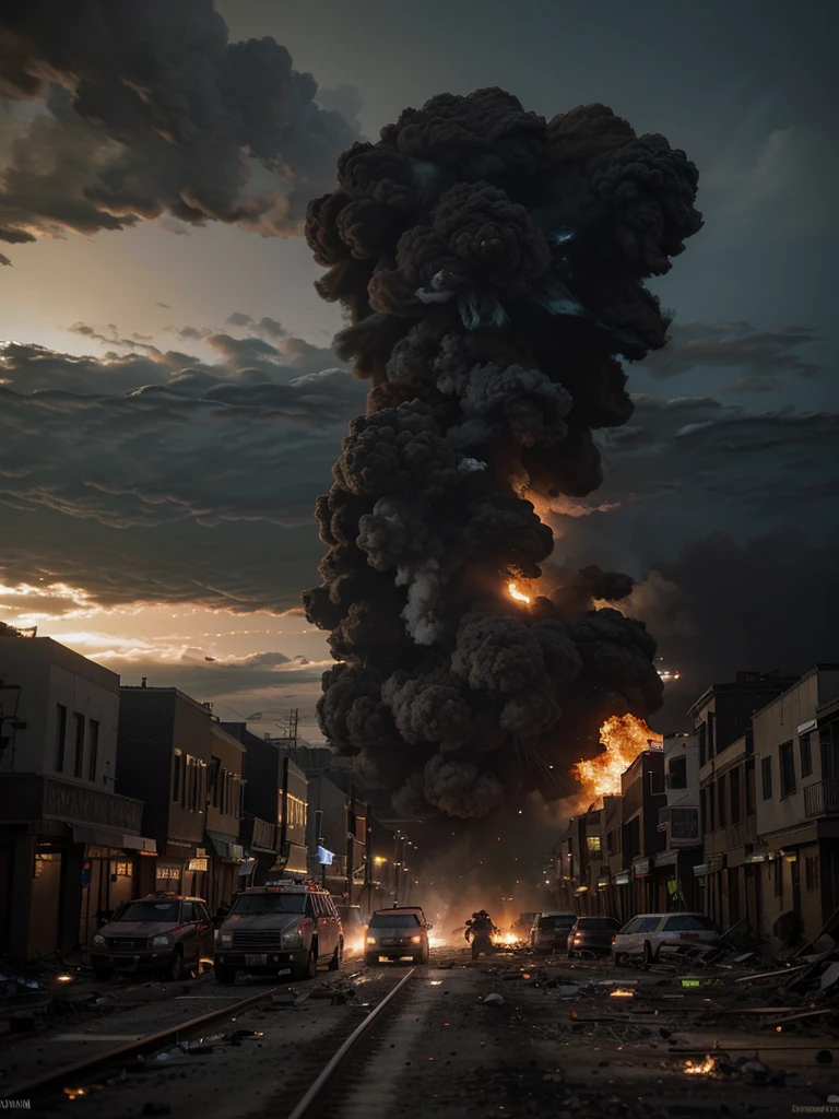(best quality,4k,8K,High resolution,masterpiece:1.2),Extremely detailed,(Practical,photoPractical,photo-Practical:1.37),war,explode,fighter,explode事件,destroy,township,House collapse,fireworks,burning building,evacuation,confusion,destruction,Broken windows,The helicopter circles,Meteorite craters on the ground,Air raid sirens sounded,Flames engulf the earth,people running in panic,Strong vibrations and tremors,shock wave,Reinforcements Arrive,Dusk lighting,apocalyptic atmosphere,A scorched earth,Debris flew in the air,Emergency vehicles arrive,Brightly lit scene,Thick black smoke,Rubble and,Torches illuminated the scene.