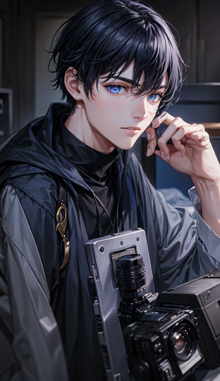 a young man with bluish black hair,navy blue eyes,wearing high ,holding camera