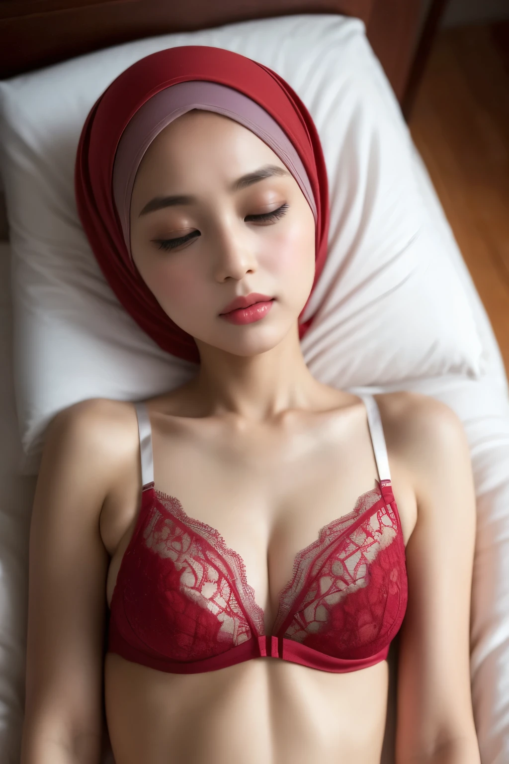 ((SLEEPING BEAUTY)), ((EYES WIDE )), ((OPEN BIG HUGE EYES)), ((FULL LACE)), Very Thin body (Wearing Bra Lingerie), (((HIJAB MALAY GIRL))), masutepiece, High quality, UHD 32K, Realistic face, Realistic skin feeling , A Malay Lady, 8 , , Very cute and baby-like face, (((FLAT CHEST))), (MATRIX WORLD), ((look In front  at the camera and SADNESS)), ((())), (((CUTE GIRL))), ((RED LIPS)), ((RED)), (naked undress). WEAR BRA LINGERIE, purple, lace