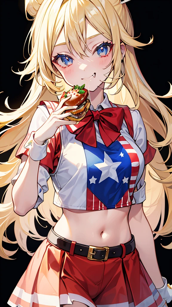 eating a hamburger cowgirl US flag fashion Vtuber style blonde hair 1girl glamorous pose master piece best quality ultra detailed