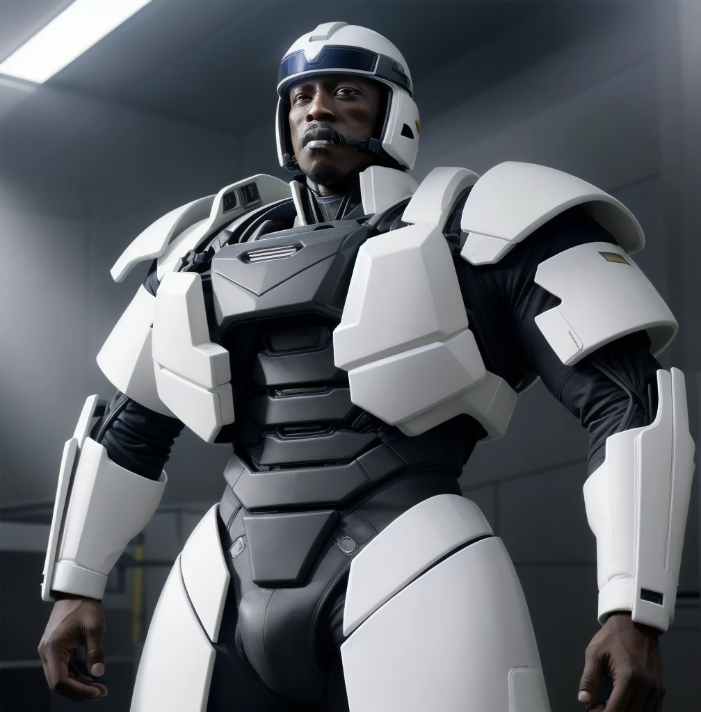 Wesley Snipes as Michael, the Right Hand of the Creator. Co-Leader of the Archangels, A crack squad of futuristic and highly technically advanced warriors. Ancient, but not old. Powerful, IN a white and black winged exo-mecha suit, tight fitting, open faced, with futuristic golden HALO/helmet with visor
