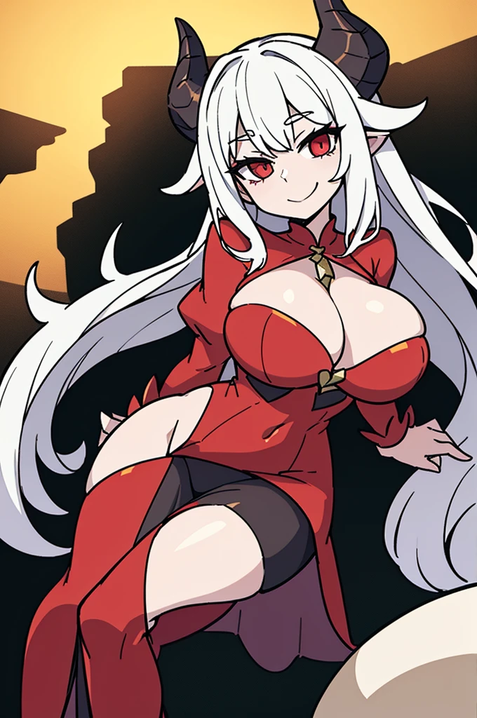 cleavage dragon girl dragon horns dress huge breasts looking at viewer pale-skinned female smiling at viewer white hair wide hips