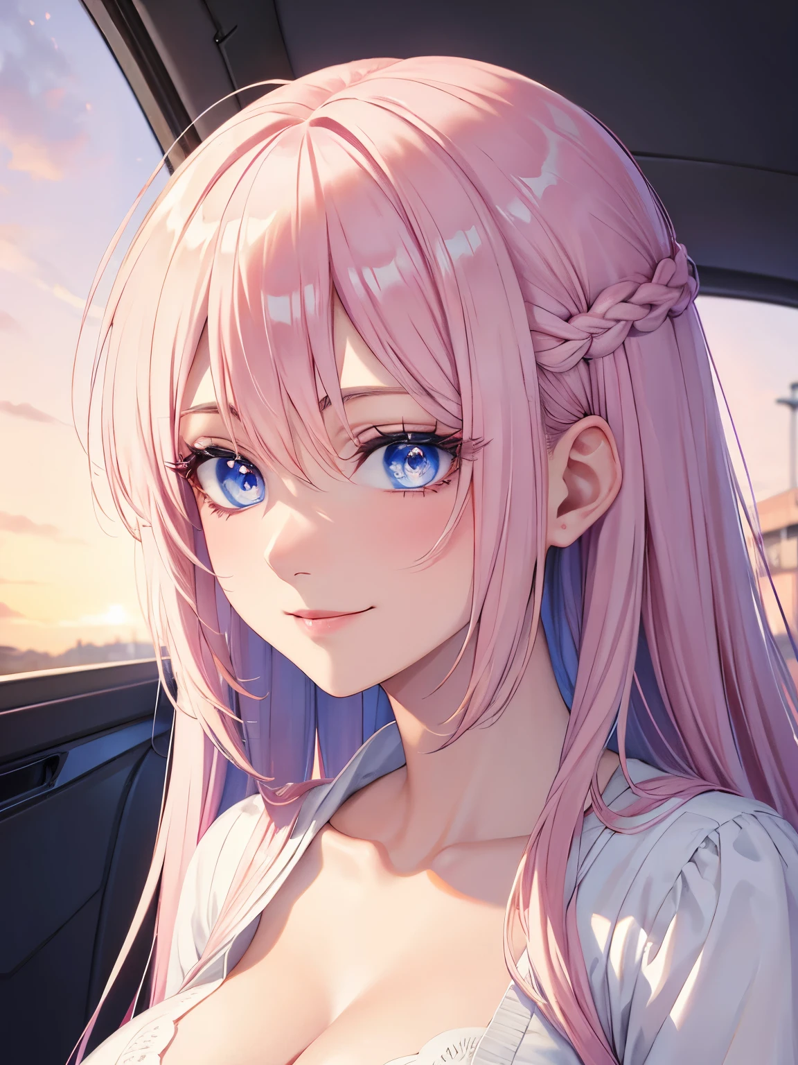 1woman,smile ,blue eyes,Eyes half open, Beautiful makeup, long eyelashes,early in the morning,stunning,close up photo, very detailed face,cute,,HD face, perfect face,Short white dress, pink cardigan,very big breasts,Blonde hair,blonde hair,bangs,long hair, straight hair,ultra detail,ultra Hd, masterpiece,4k