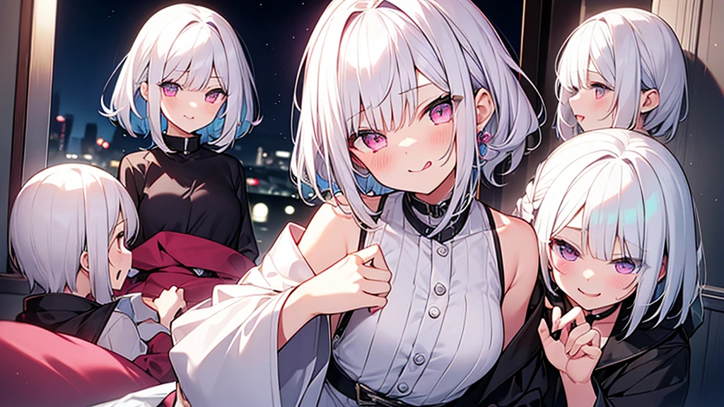 White Hair Girl、Pink Eyes、Short Hair、aloneの女の子、Night、In the bedroom、Blushing、laughing、Erotic、Stick your tongue out、alone