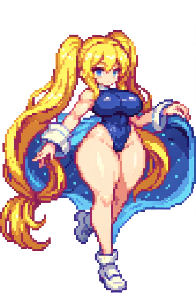 {{lift one leg}},masterpiece , best quality , pixel art , 1 girl ,priest, {full body}, {{muscular}},{{gigantic breasts}} ,{{very curvy}} , voluptuous ,twintails,blonde hair ,white background