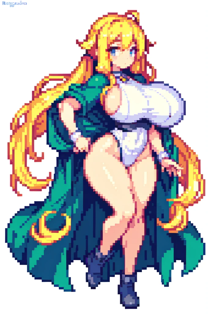 {{lift one leg}},masterpiece , best quality , pixel art , 1 girl ,priest, {full body}, {{muscular}},{{gigantic breasts}} ,{{very curvy}} , voluptuous ,twintails,blonde hair ,white background