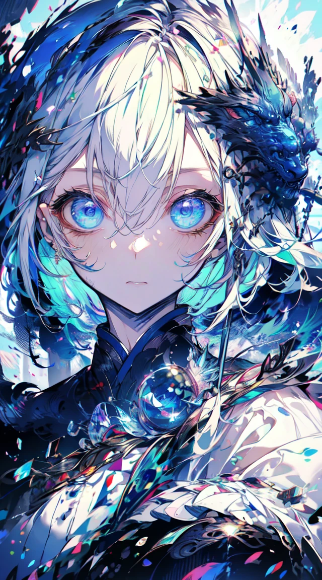 detailed eyes, detailed eye, detailed face, ultra high definition, retina, precise, anatomically correct, textured skin, Super details, Award-winning, high resolution, Best aesthetics, 超high resolution, clearly, ultra detailed, best quality, high quality, super quality, 16k, high detail, high resolution, detailed, masterpiece, beautiful, detailed skin, , (whole body), (1 boy), blue hair, blue eyes, sleepy eyes, double eyelids, White sword, blue kimono, dragon