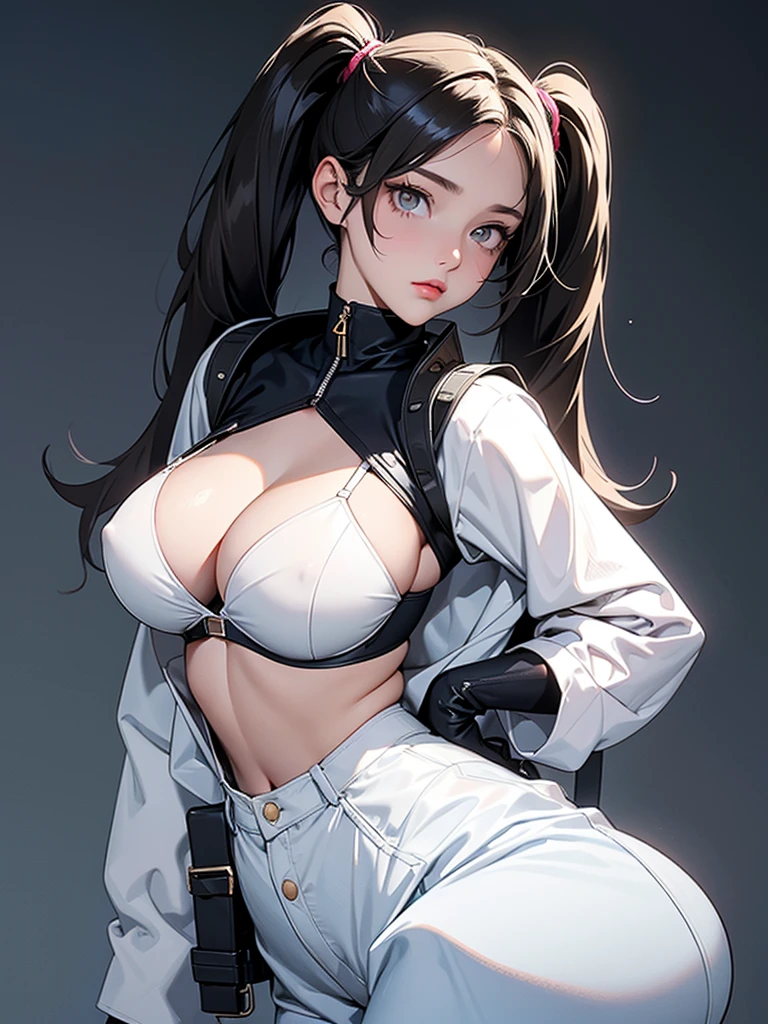 a young girl of average height with long, straight dark hair tied into twintails, golden eyes with white pupils, and a slender yet curvy body. her outfit consists of black panties and bra, a protective outer jacket, a neck protector, dark boots and protective gloves. Parts of her outfit are coated with blue lines. Her torso is open, revealing her entire stomach area and cleavage. Her trousers are also exposed at the buttocks. The sleeves of her jacket appear to be too long for the arms and the buttons are in the shape of cross-like symbols.