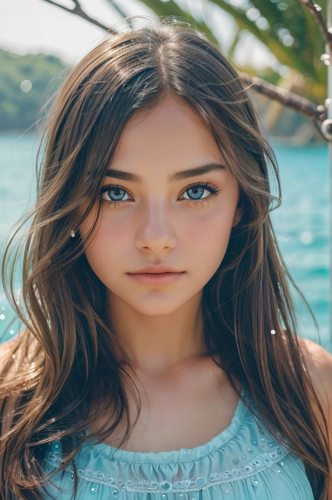art by Cornflower, dreamy, (a girl who was  and had beautiful detailed eyes. The depth of field in the photo was perfect, and the lens flare added a nice touch. The finely detailed features of her face really stood out, and the score for this photo was definitely greater than 10. In the background, there was a beautiful ocean with crystal clear water and water droplets on the surface. It was a stunning photo that really captured the beauty of the girl and the water.)