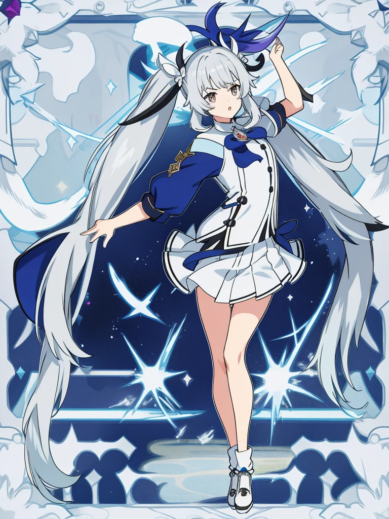 1girl, anime girl, silver hair, long twintails, silver eyes, skirt, genshin impact style