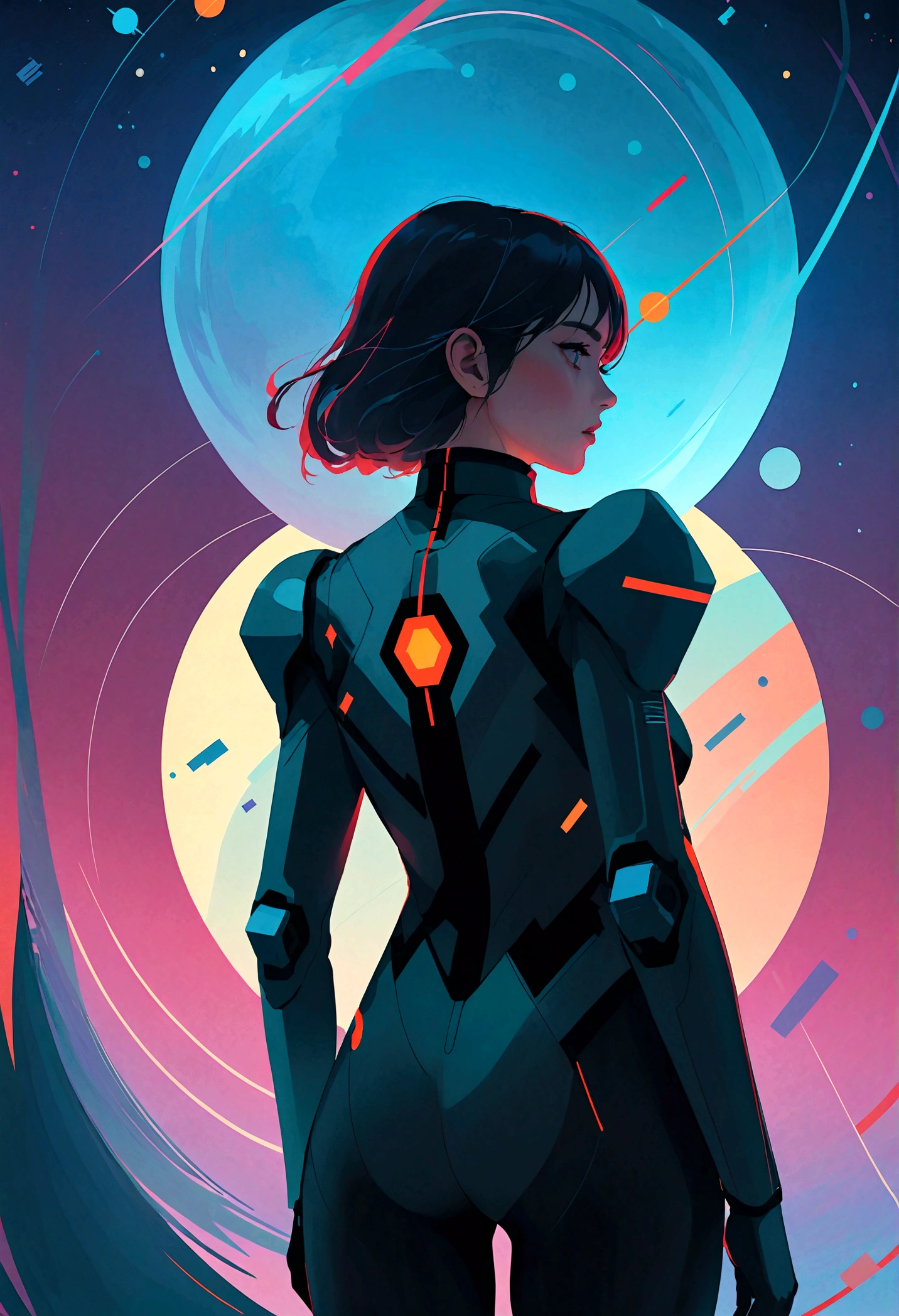 best quality, masterpiece, highres, 1girl, (Back View),space thriller movie poster, Bauhaus, shapes, lines, abstract,