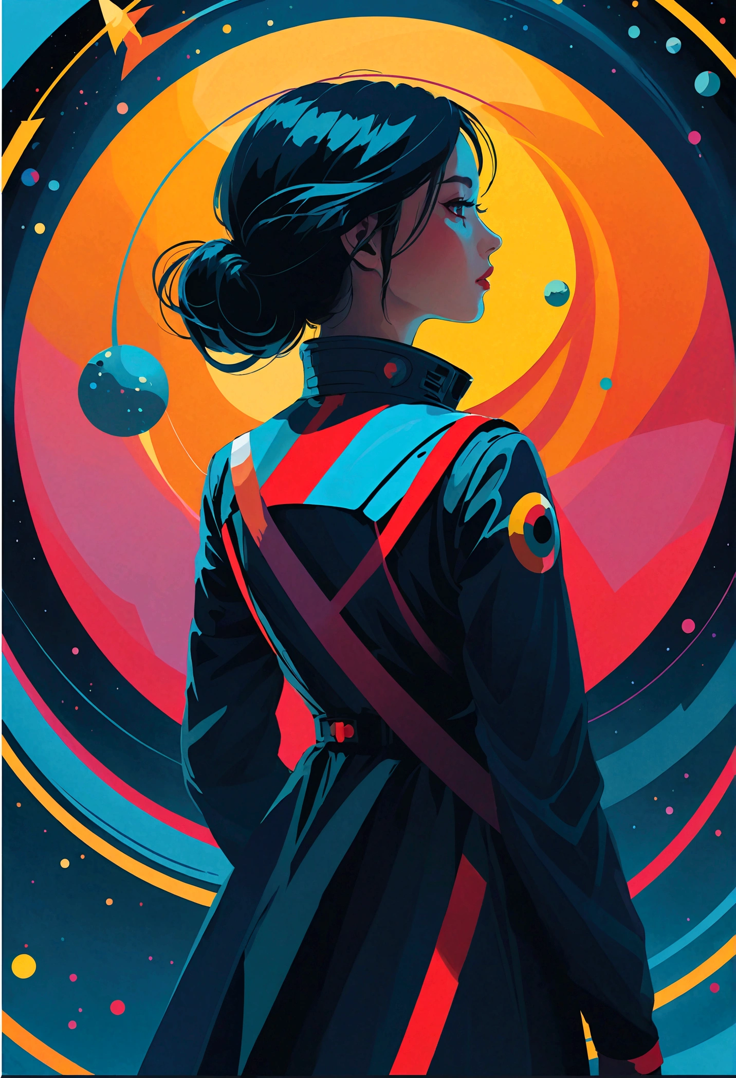 best quality, masterpiece, highres, 1girl, (Back View),space thriller movie poster, Bauhaus, shapes, lines, abstract,