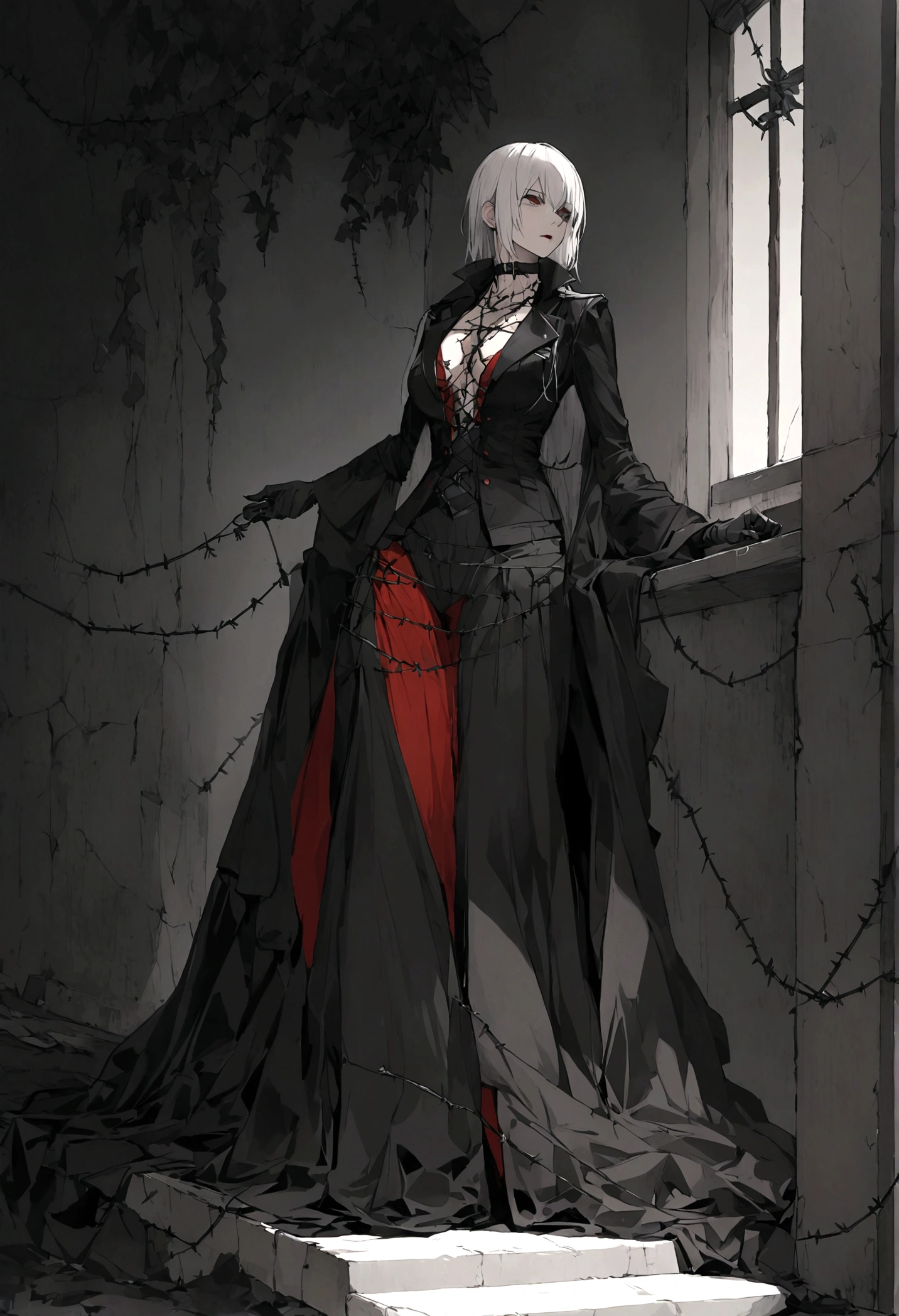 garota and roupas cybersigilism gotica, and (Barbed wire through the body) cabelo preto and pontas branca，1 girl