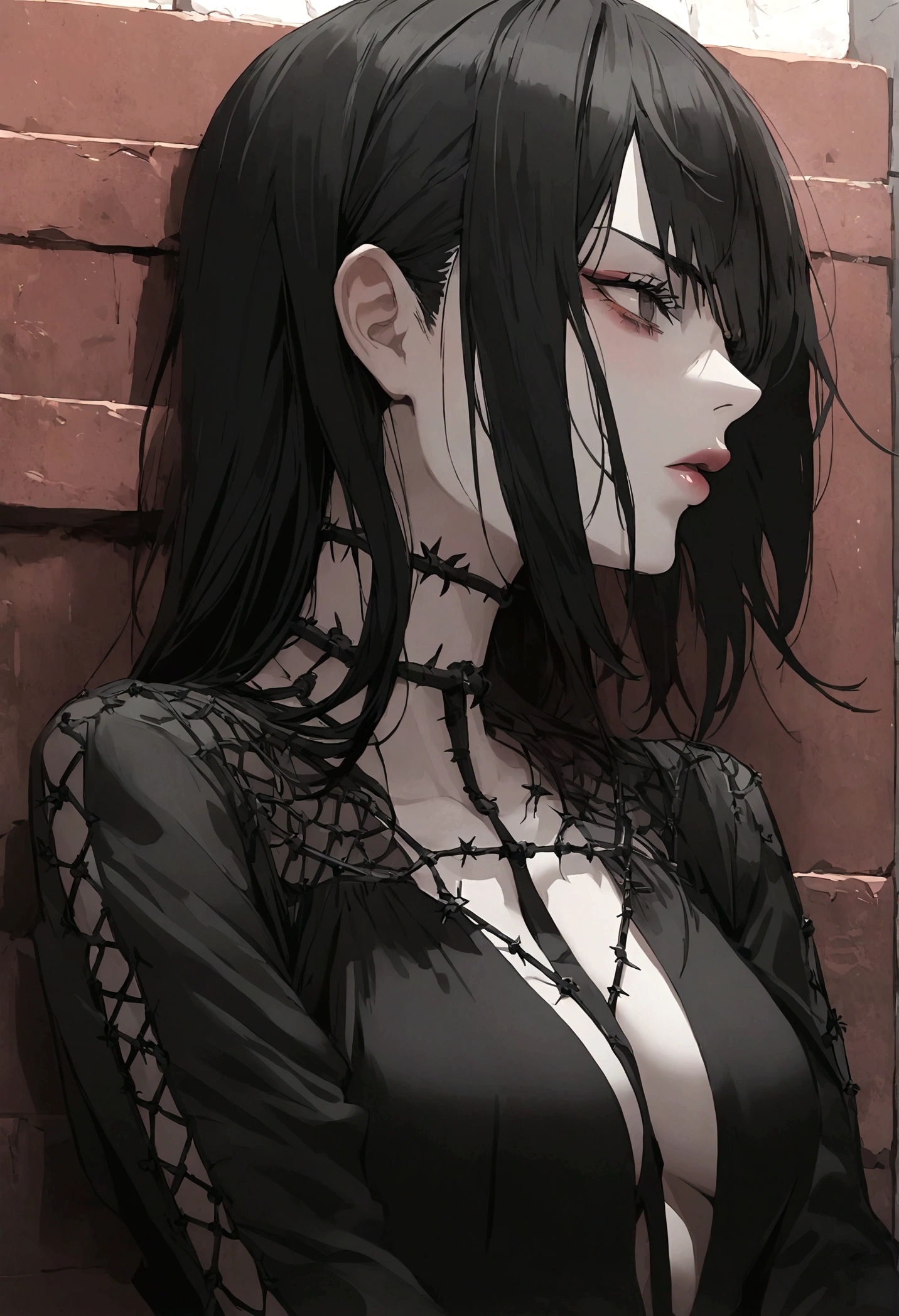 garota and roupas cybersigilism gotica, and (Barbed wire through the body) cabelo preto and pontas branca，1 girl