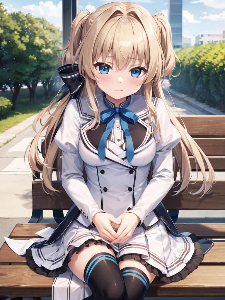 masterpiece, highest quality, High resolution, One girl, alone, Long Hair, Blonde Hair, Both sides up, (Hair Ribbon:1.1), blue eyes, Neck ribbon, , White jacket, Juliet Sleeve, Long sleeve, White Skirt, Thigh ribbon, Black knee socks, Sitting, bench, food, eat,