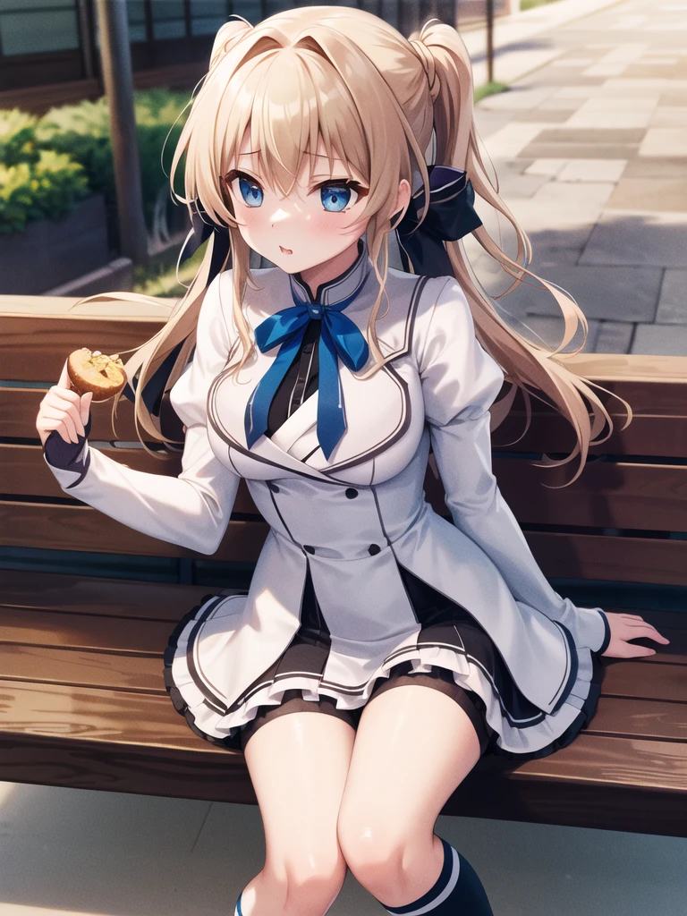 masterpiece, highest quality, High resolution, One girl, alone, Long Hair, Blonde Hair, Both sides up, (Hair Ribbon:1.1), blue eyes, Neck ribbon, , White jacket, Juliet Sleeve, Long sleeve, White Skirt, Thigh ribbon, Black knee socks, Sitting, bench, food, eat,