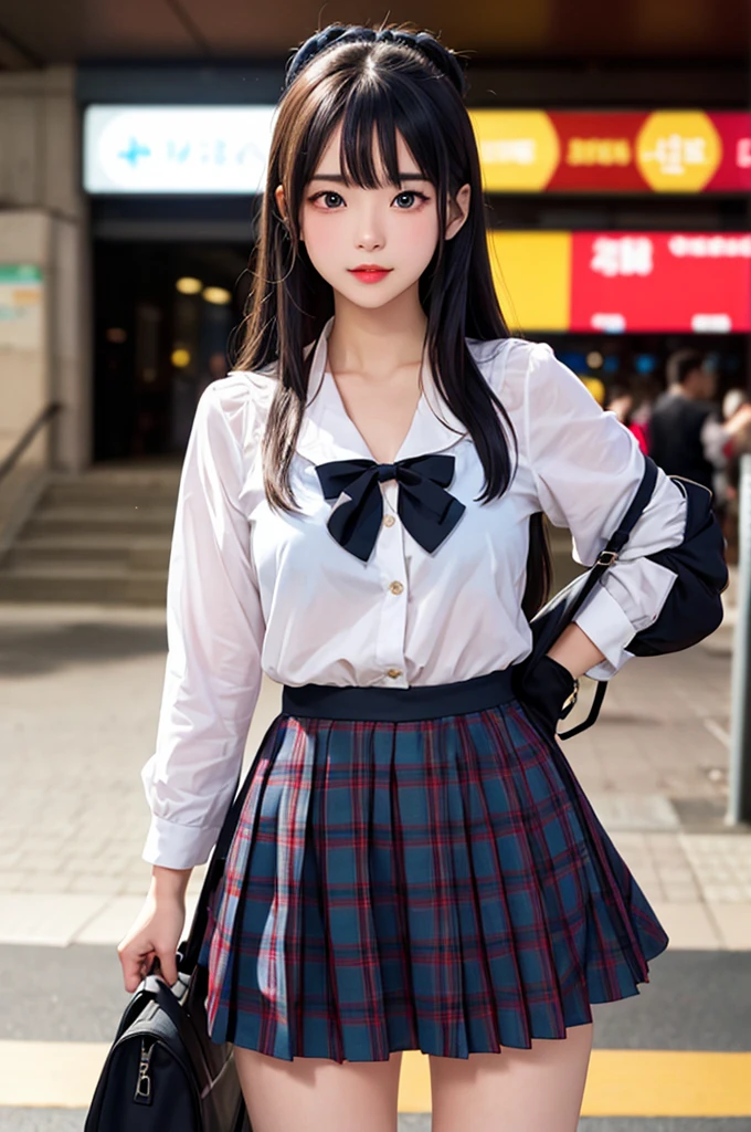 1girl,perky breasts,semi-long hair,deep black hair,straight hair,expressionless,looking back,mouth mask,perfect eyes,blue eyes,groomed eyebrows,
BREAK ,cardigan,tartan check skirt,frilled panties,upskirt,from below,
BREAK from behind,dutch angle,outdoor,station,escalator,((depth of field,portrait)),
BREAK score_9,source_anime,rating_explicit,uncensored,