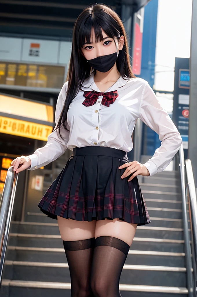 1girl,perky breasts,semi-long hair,deep black hair,straight hair,expressionless,looking back,mouth mask,perfect eyes,blue eyes,groomed eyebrows,
BREAK ,cardigan,tartan check skirt,frilled panties,???????,from below,
BREAK from behind,dutch angle,outdoor,station,escalator,((depth of field,portrait)),
BREAK score_9,source_anime,rating_????????,uncensored,
