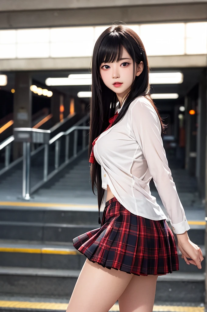 1girl,perky breasts,semi-long hair,deep black hair,straight hair,expressionless,looking back,mouth mask,perfect eyes,blue eyes,groomed eyebrows,
BREAK ,cardigan,tartan check skirt,frilled panties,upskirt,from below,
BREAK from behind,dutch angle,outdoor,station,escalator,((depth of field,portrait)),
BREAK score_9,source_anime,rating_explicit,uncensored,