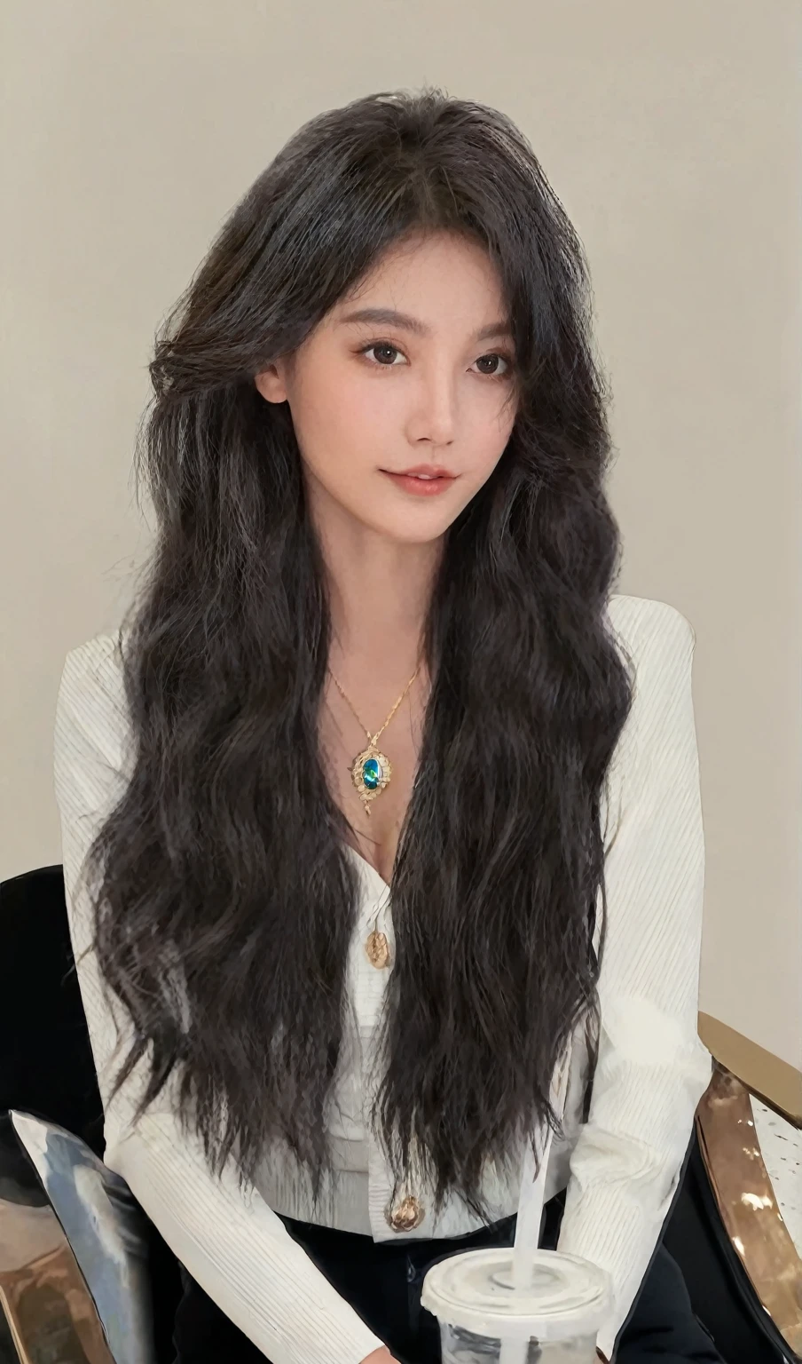 Hair strands are clear and natural-looking，Water Ripples，Long curly hair，Middle-parted bangs，black hair

