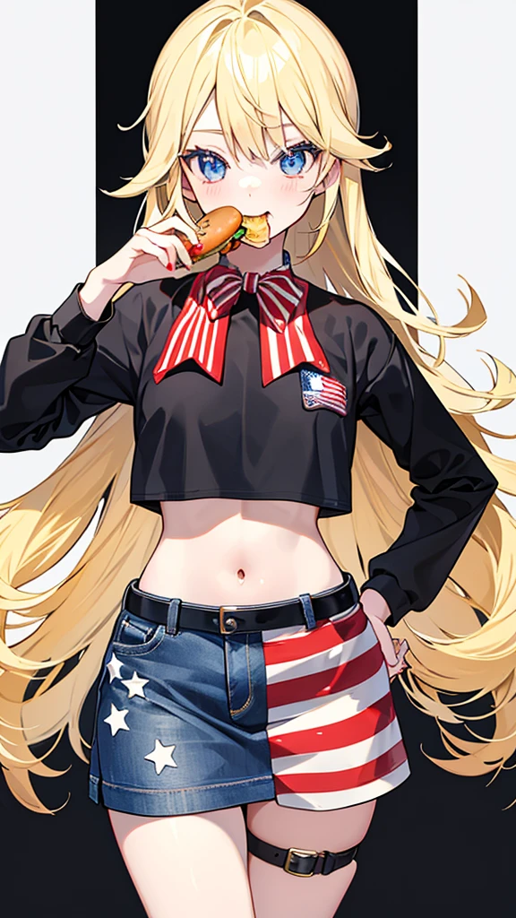 eating a hamburger cowgirl US flag fashion Vtuber style blonde hair 1girl glamorous pose master piece best quality ultra detailed