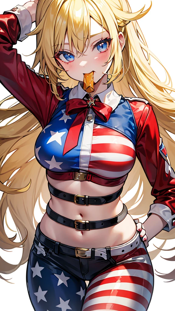 eating a hamburger cowgirl US flag fashion Vtuber style blonde hair 1girl glamorous pose master piece best quality ultra detailed 