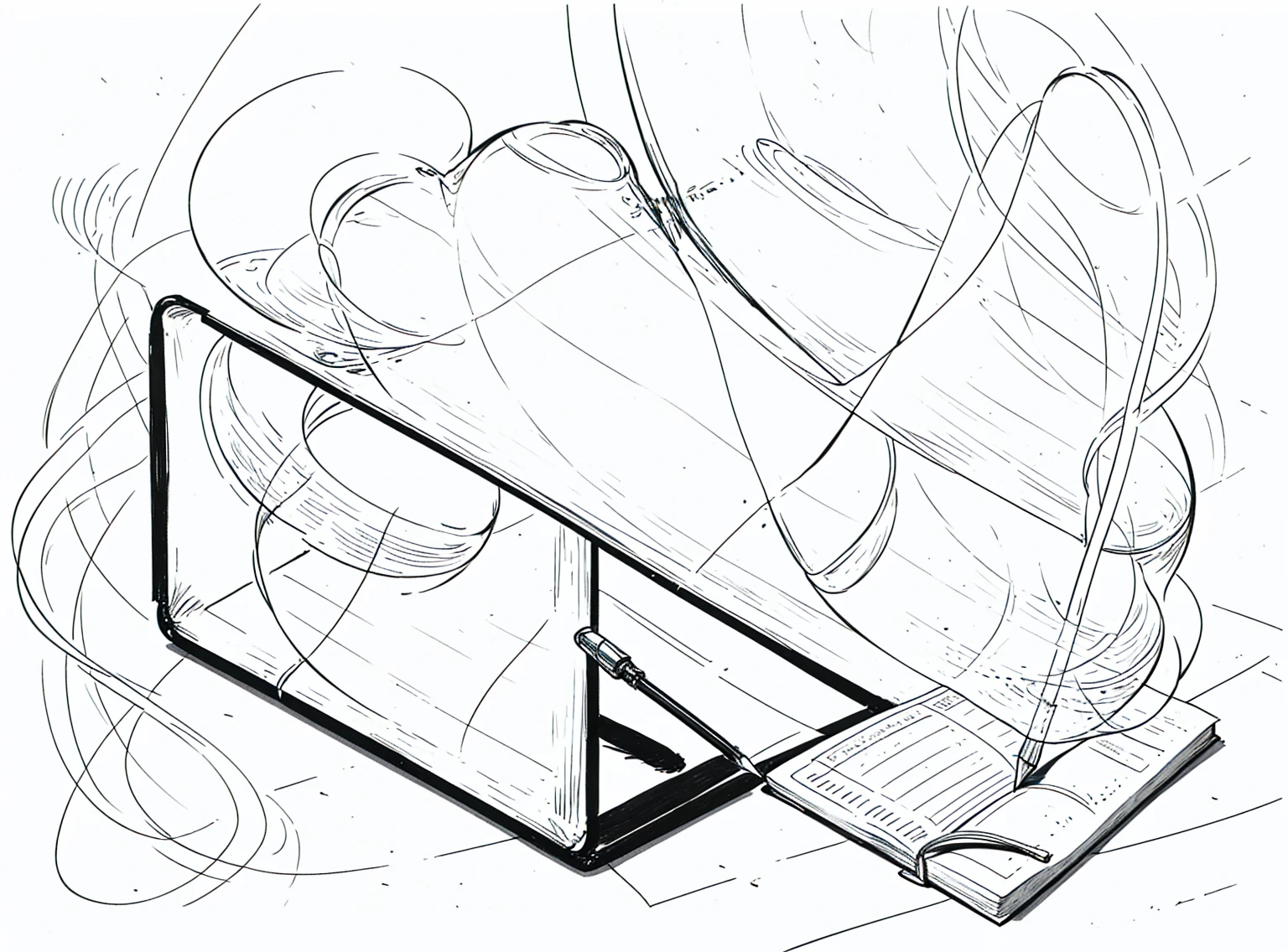 A notebook,sketch,钢笔sketch,Loose brushstrokes,Use a pen to draw delicate lines,Flow Action,Subtle ink shades,