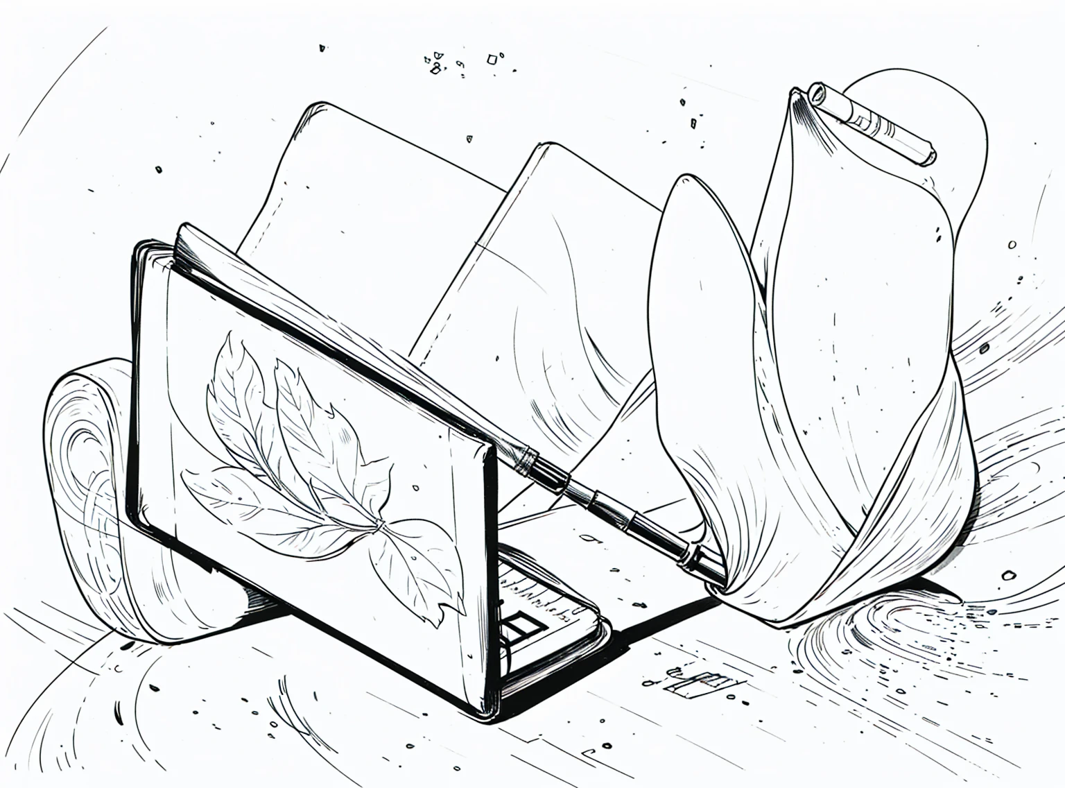 A notebook,sketch,钢笔sketch,Loose brushstrokes,Use a pen to draw delicate lines,Flow Action,Subtle ink shades,