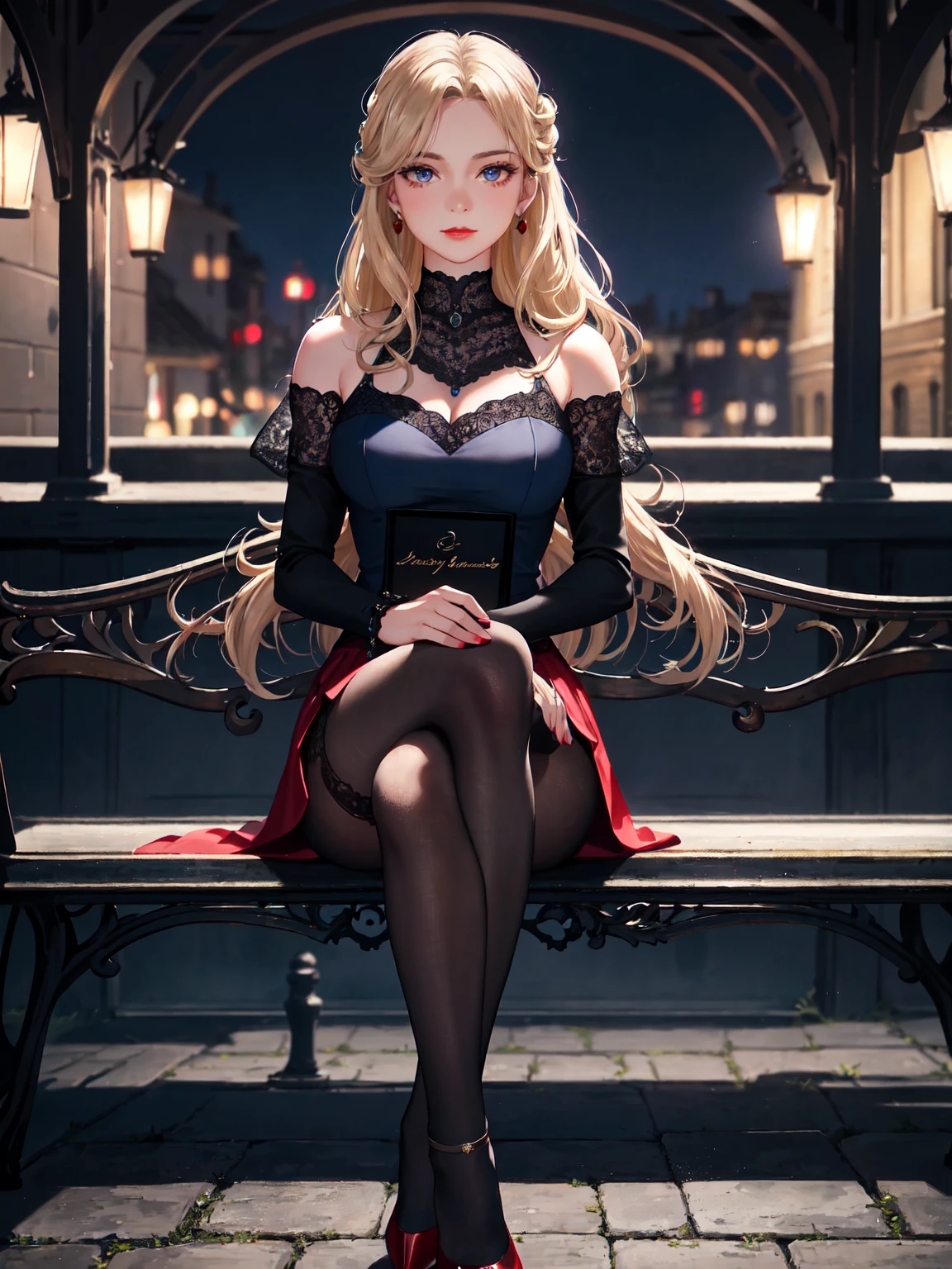 European and American woman,seated gracefully,open leg,captivating blue eyes,wearing red lipstick,blonde hair in soft waves,dressed in a tailored black outfit,adorned with black lace stockings and sophisticated high heels,elegant silver jewelry completing the look,positioned on a vintage wrought-iron bench,amidst the charm of a dimly lit cobblestone pathway,the ambiance of a quiet urban evening enveloping her,a tasteful close-up capturing her serene expression under the subtle city lights,the scene exuding a blend of classic elegance and contemporary allure,full body shot:1.12,Detailed face,detailed eyes,detailed nose,detailed mouth,((UHD,masterpiece,super detail,award winning:1.4,best quality:1.2,highres,high quality)),