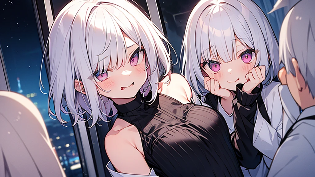 White Hair Girl、Pink Eyes、Short Hair、aloneの女の子、Night、In the bedroom、Blushing、laughing、Erotic、Stick your tongue out、alone