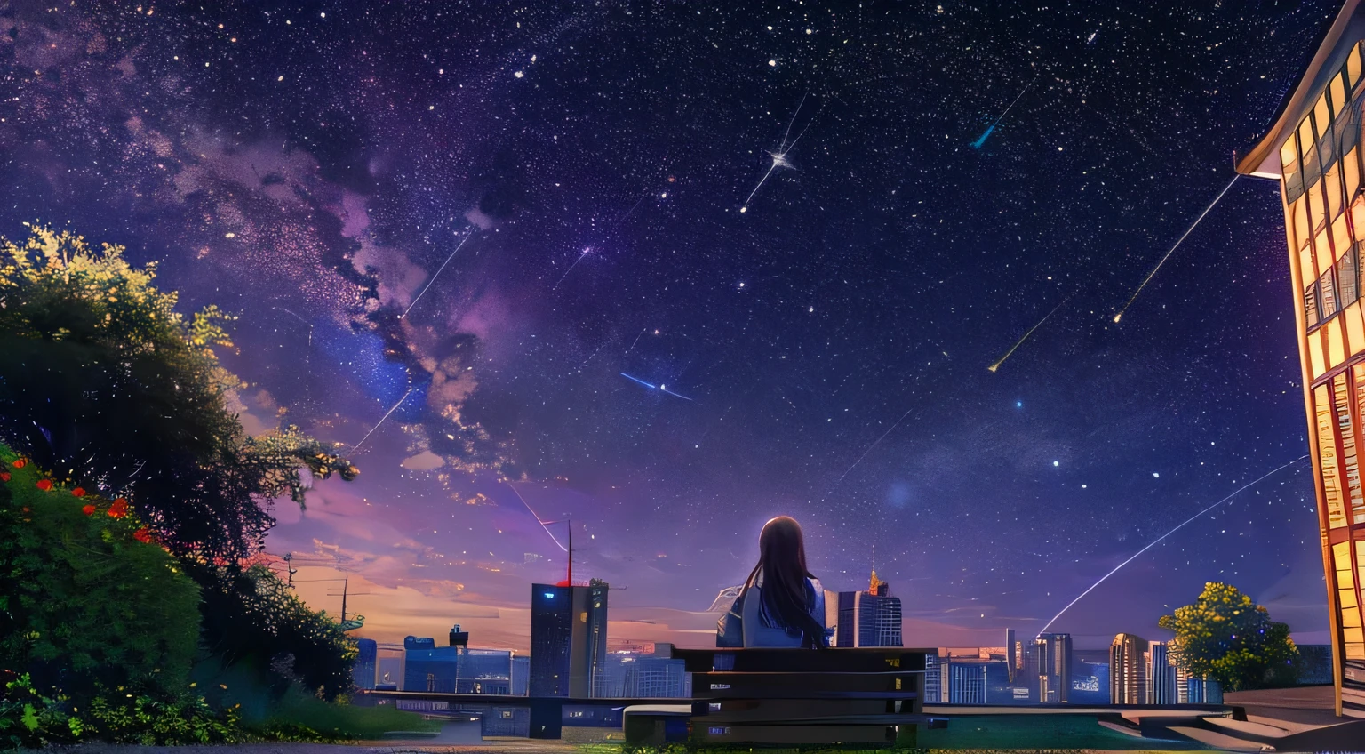 octans, sky, star (sky), scenery, starry sky, night, 1girl, night sky, solo, outdoors, building, cloud, milky way, sitting, tree, long hair, city, silhouette, cityscape