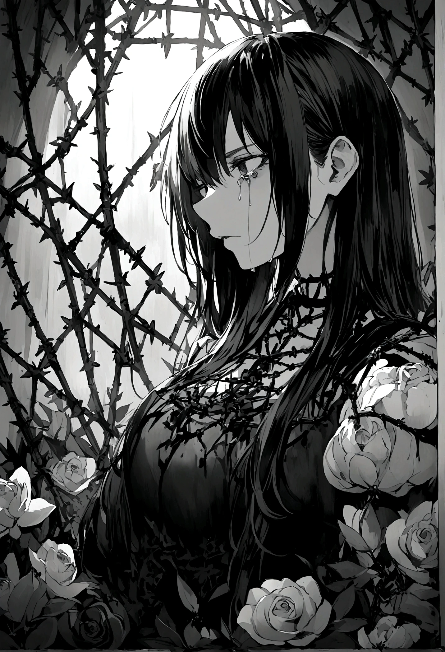 garota and roupas cybersigilism gotica, and (Barbed wire through the body) cabelo preto and pontas branca,1 girl,Black Tears,Black and white