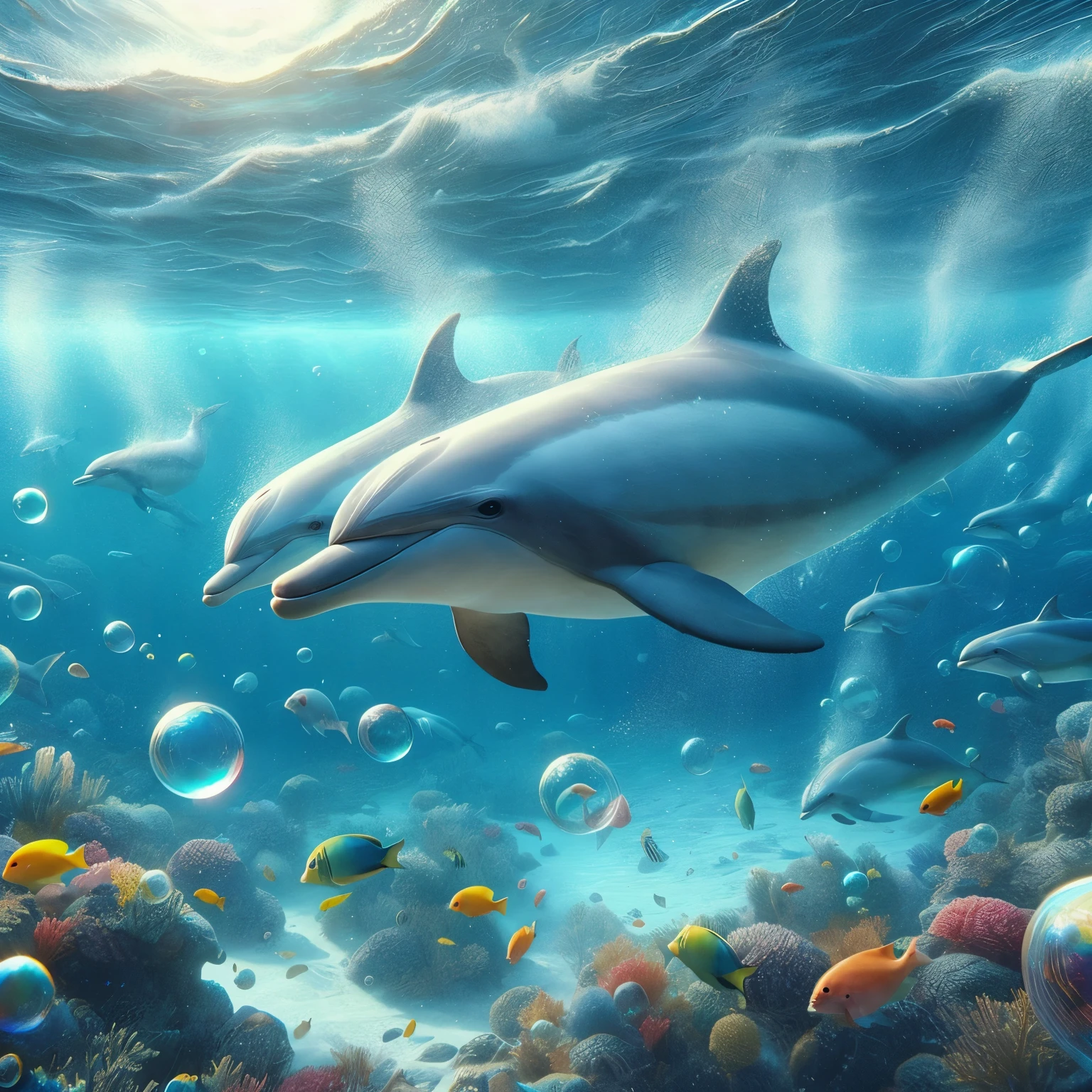 Beautiful dolphin representational art, photorealistic dolphin swimming under the sea, art, Hawaii sea coast, some dolphins streaking across the view, medium sized bubbles, medium sized bubbles in bubble trails, small dolphin family pods playing, colorful abundant fish, some dolphins are swimming in semi-circles, some dolphins are swimming in meandering paths, 8k resolution,