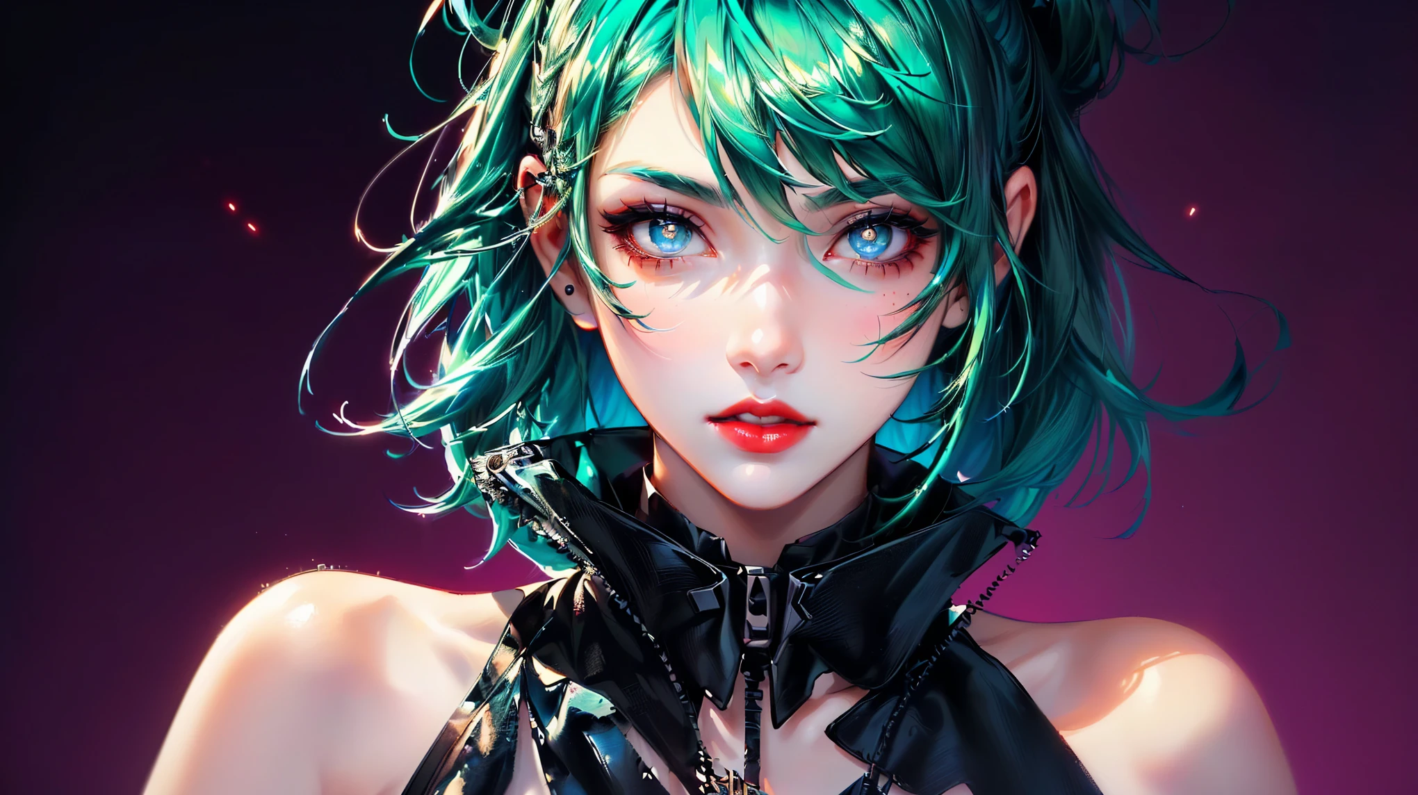 anime girl with green hair and grey eyes in a dark room, artwork in the style of guweiz, guweiz, anime style 4 k, digital cyberpunk anime art, guweiz masterpiece, guweiz on artstation pixiv, guweiz on pixiv artstation, anime art wallpaper 8 k, anime art wallpaper 4 k ,red lips, Black eyeshadow around the eyelid, black dress