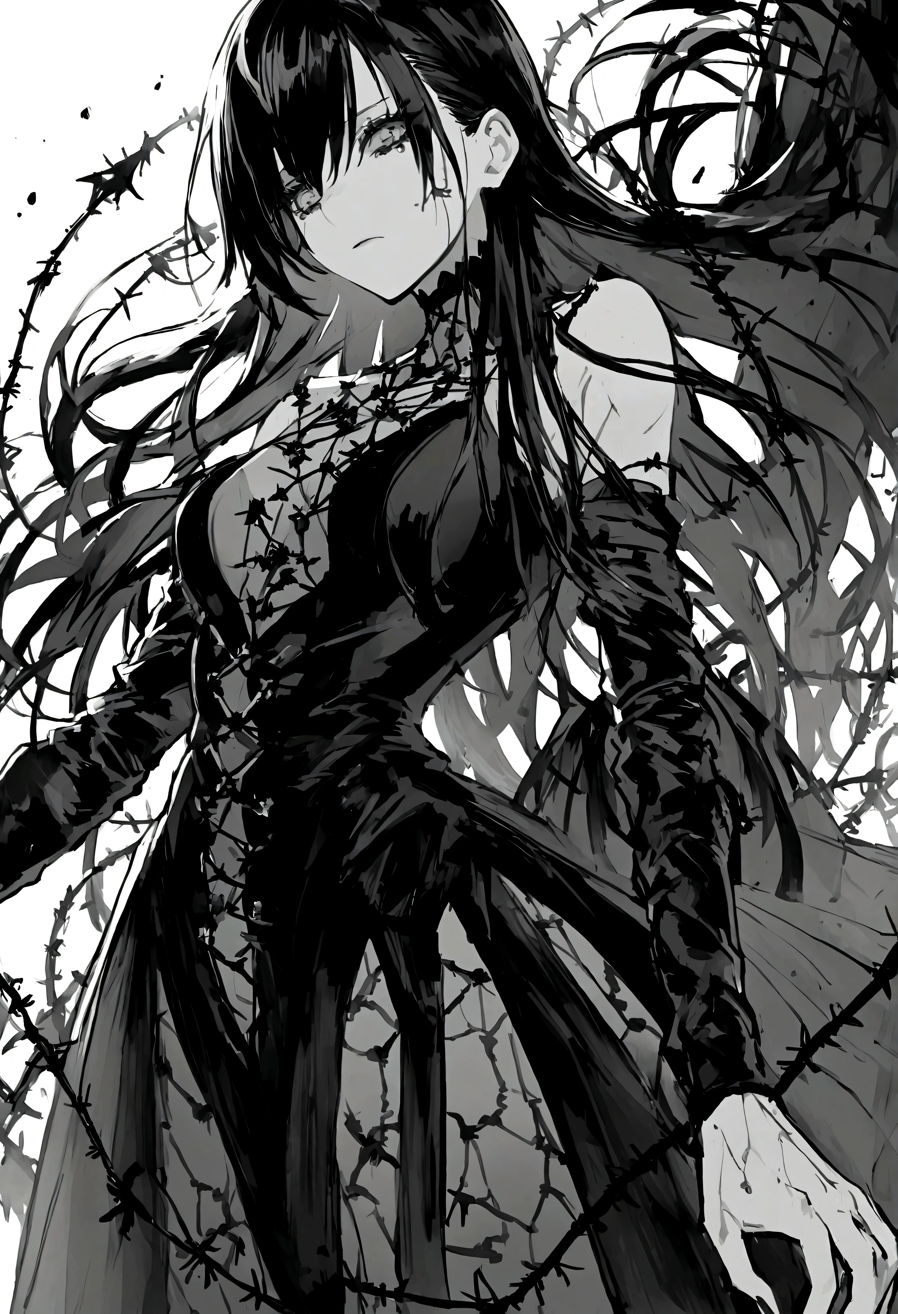 garota and roupas cybersigilism gotica, and (Barbed wire through the body) cabelo preto and pontas branca,1 girl,Black Tears,Black and white