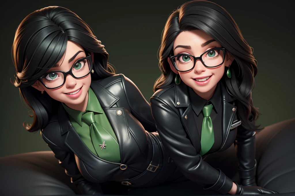 obra prima, melhor qualidade, (lauren boebert 70yo) big side smile, open mouth, licking lips, black medium length hair, black plastic glasses, pilot outfit, business blouse, necktie, (shiny bright green leather,) studs zippers, shiny leather gloves, body is skinny, laying back against couch cushion, arched back, grabbing cupping, overhead camera view, looking down at me, shallow depth of field, highres, HD, 8k, anatomically correct
