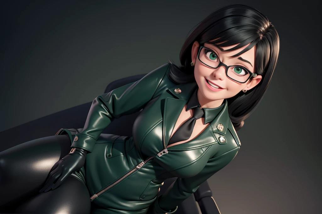 obra prima, melhor qualidade, (lauren boebert 70yo) big side smile, open mouth, licking lips, black medium length hair, black plastic glasses, pilot outfit, business blouse, necktie, (shiny bright green leather,) studs zippers, shiny leather gloves, body is skinny, laying back against couch cushion, arched back, grabbing cupping, overhead camera view, looking down at me, shallow depth of field, highres, HD, 8k, anatomically correct