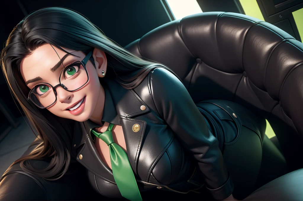 obra prima, melhor qualidade, (lauren boebert 70yo) big side smile, open mouth, licking lips, black medium length hair, black plastic glasses, pilot outfit, business blouse, necktie, (shiny bright green leather,) studs zippers, shiny leather gloves, body is skinny, laying back against couch cushion, arched back, grabbing cupping, overhead camera view, looking down at me, shallow depth of field, highres, HD, 8k, anatomically correct