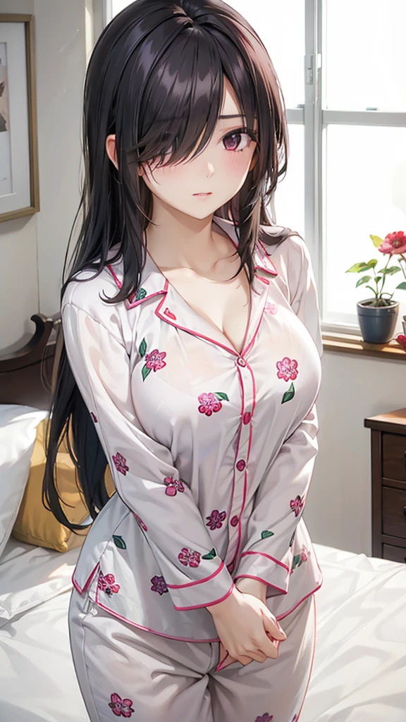 1girl, mature women,perfect ,black hair, long hair, (hair over one eye:1.4), messy hair, hair between eyes, chubby,saggy breast, flower motif pajama, cute shy blush on , bedroom 