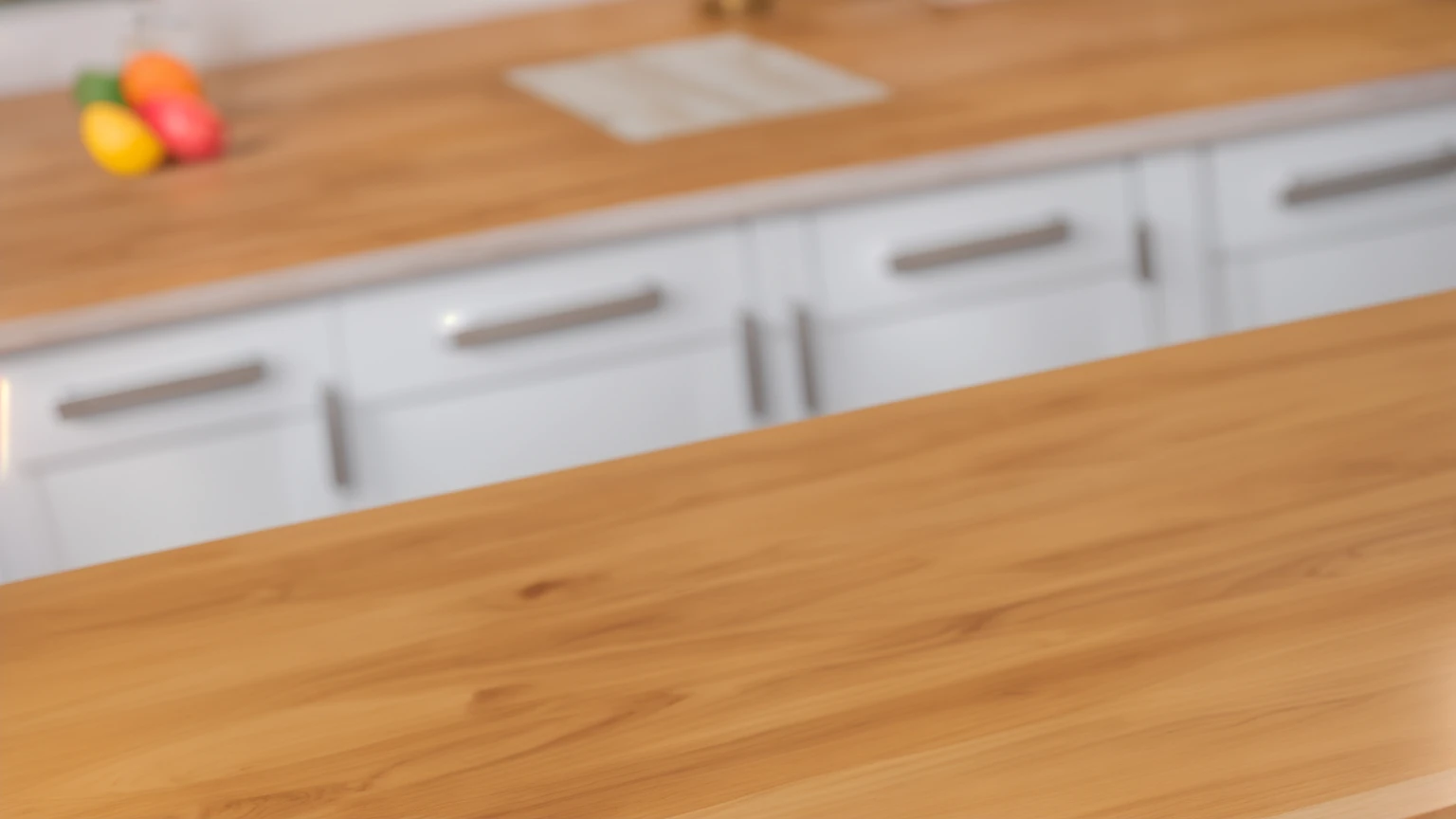 in light kitchen, wooden table, wooden texture, white cabinets, bright lights, soft light, window light, professional lighting, light from the window, neat light