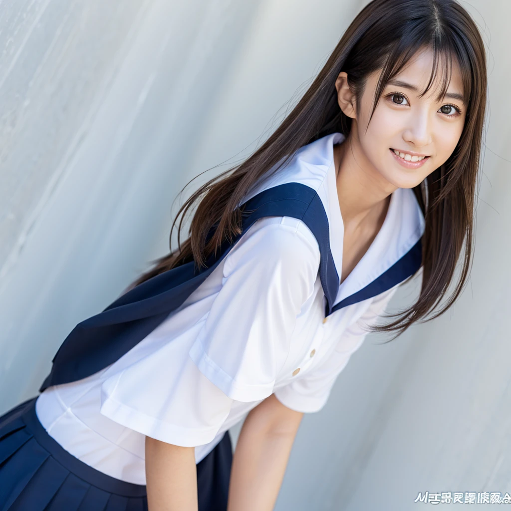 One girl, Sailor suit, (Masterpiece), (Realistic), (Ultra fine), (beautiful), White background, Professional Lighting, (highest quality, 128,masterpiece), とてもbeautifulLong face顔, Japanese Model, Big Breasts, clavicle, Ultra HD, (Photorealistic:1.1), RAW Photo, White Wall, Big eyes, Black brown hair,Standing,Standing全身, Smile, Full body photo, Long face,