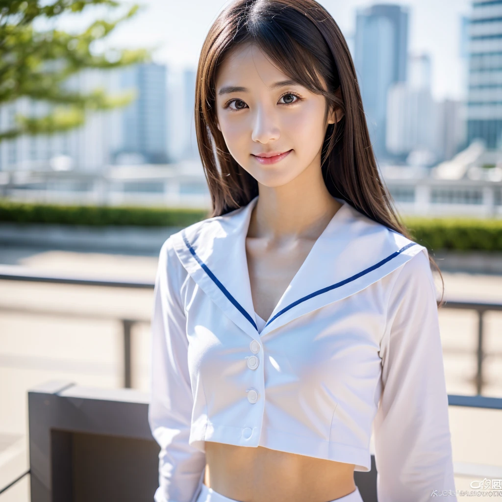 One girl, Sailor suit, (Masterpiece), (Realistic), (Ultra fine), (beautiful), White background, Professional Lighting, (highest quality, 128,masterpiece), とてもbeautifulLong face顔, Japanese Model, Big Breasts, clavicle, Ultra HD, (Photorealistic:1.1), RAW Photo, White Wall, Big eyes, Black brown hair,Standing,Standing全身, Smile, Full body photo, Long face,