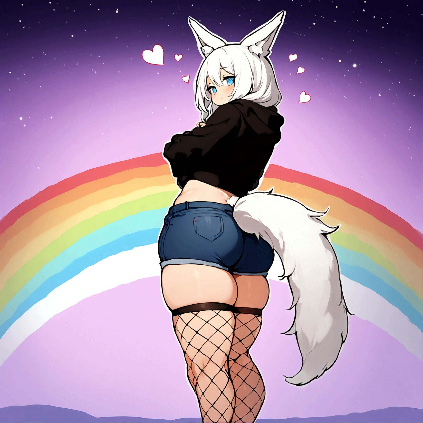 a cute adult male with wolf ears, long white hair, long locks, has a wolf tail, wearing a loose cropped oversized black hoodie, wearing a pair of denim short shorts and fishnet stockings, thick thighs, wide hips, relaxing on mound of fluffy multi colored kawaii plushies, short, very slim, showing slender tummy, heart on hoodie, squishy thighs, has glowing blue eyes. alone, solo (ALONE)(SOLO), surrounded by rainbows, colorful galaxy backround, turned around, shot from the back, big juicy butt, has a wedgie, in a breeding pose