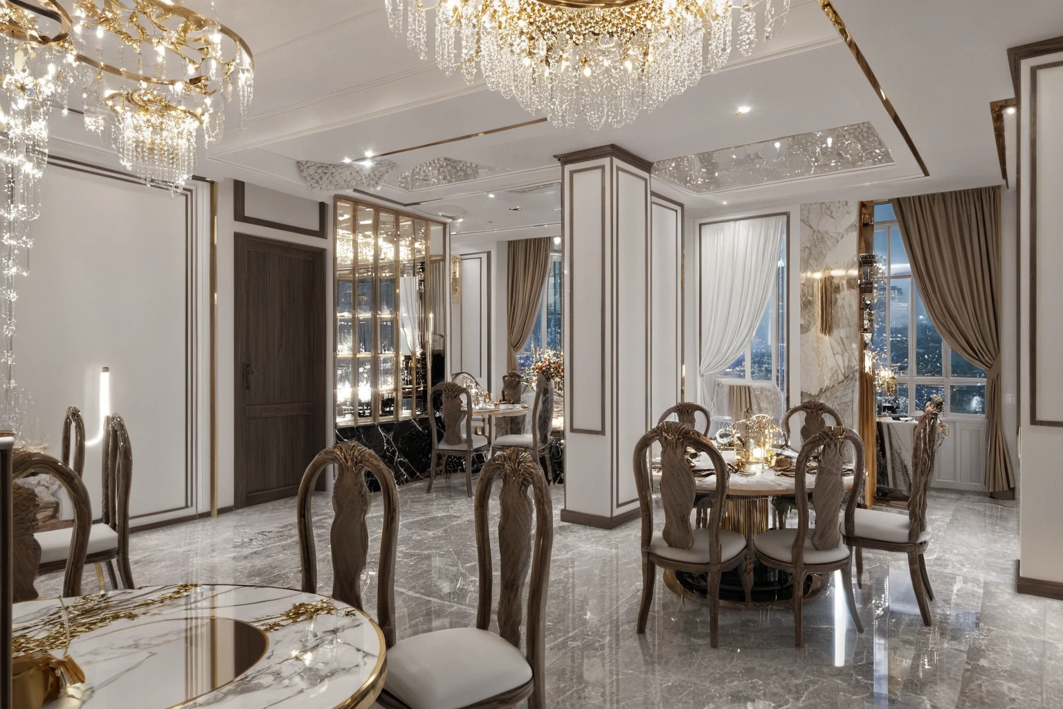,Masterpiece, Best quality,8K, Ultra-high resolution,When you step into the dinning room of restaurant room,Immediately surrounded by a rich atmosphere of luxury. The space was covered with a soft white fluffy blanket,It is so comfortable,So much so that you can't help but indulge in it。Embellished with precious porcelain and white-off gold ornaments。Whenever it is late afternoon,The afterglow from the window spilled on the floor,Soft light and shadow are reflected,It was as if entering a dreamland. ((Wooden chair and table : 1.3)), MIRROR COVER THE COLUMN