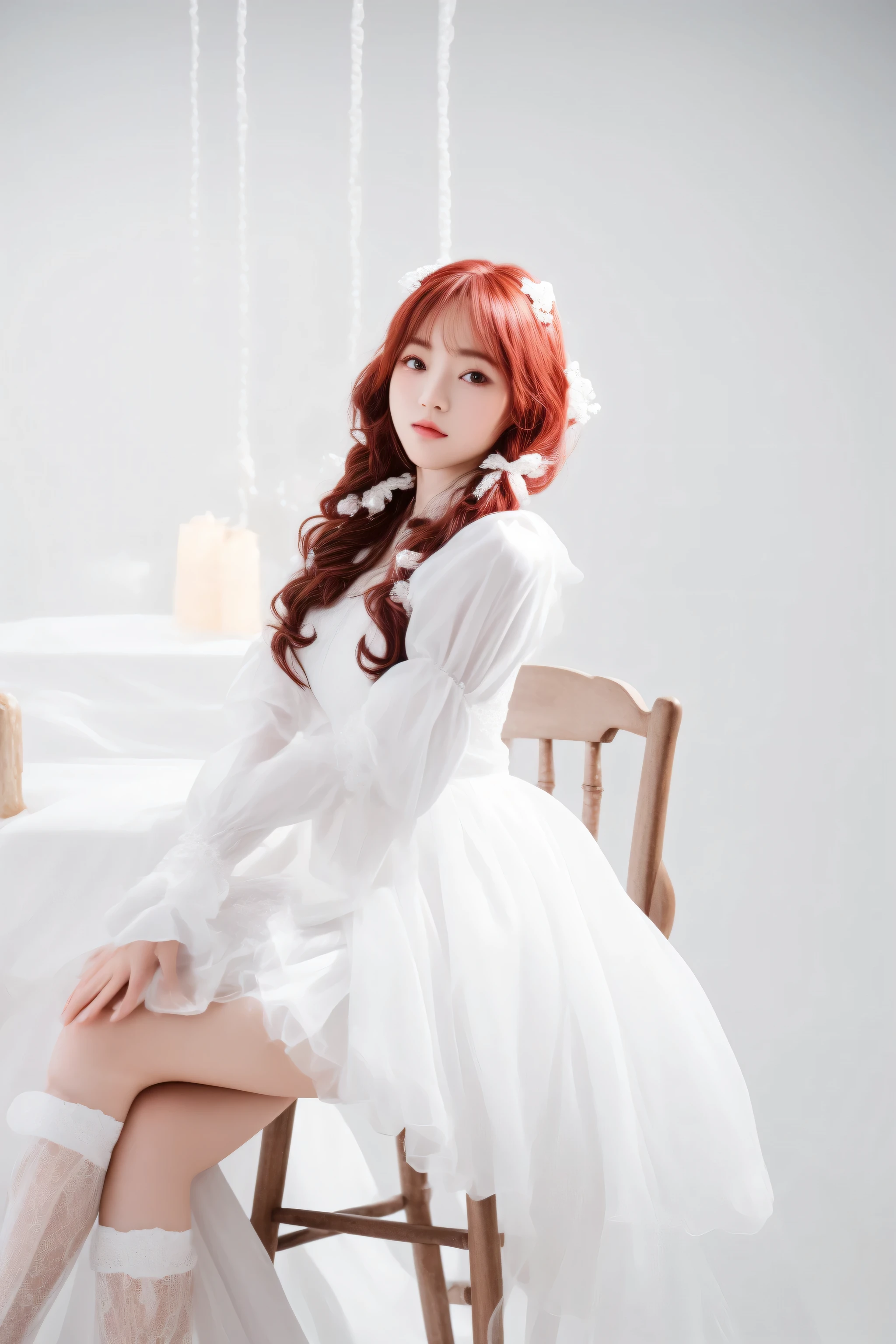 there is a woman sitting on a chair in a white dress, twintails white_gloves, white sleeves, wearing organza gown, sakimichan, white gown, a beautiful woman in white, milky white skin, in white clothes, ulzzang, fairycore, jinyoung shin, wearing white silk robe, in dress, in white room